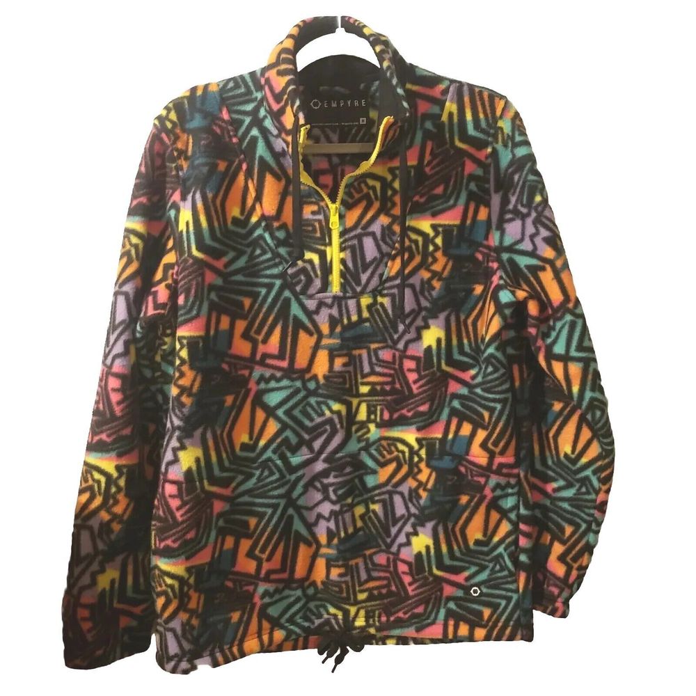3/$18 EMPYRE Retro 90s Fleece Jacket Neon Graffiti Print Aspen Tech Size M
